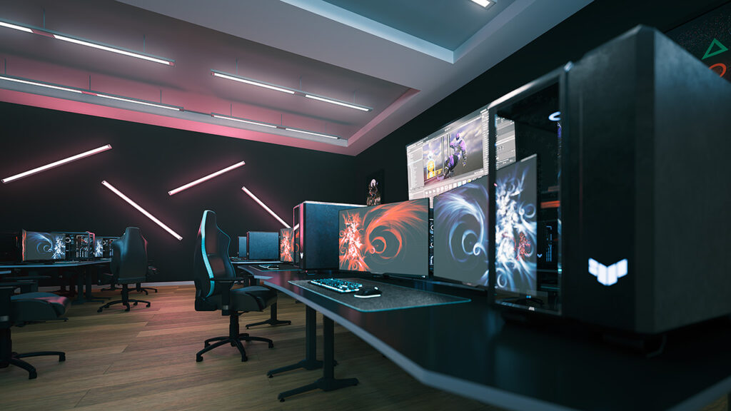 3D render of BIMM University Berlin's facilities for video games. The image depicts a room filled with desks with gaming PCs, 2 screens, gaming chairs and neon lights.