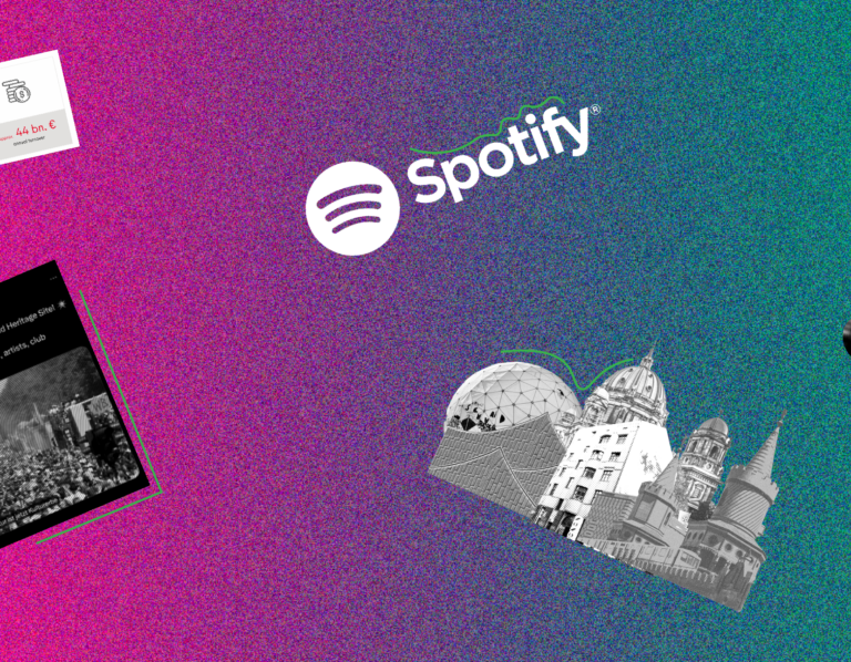 A collage of images that visually describe Berlin's creative industries in 2024. They include the spotify logo, the Berlinale bear, a collage of Berlin sites, news about Berlin's techno scene being added to Unesco's intangible cultural heritage list. They are on a multicoloured pink and green gradient background.